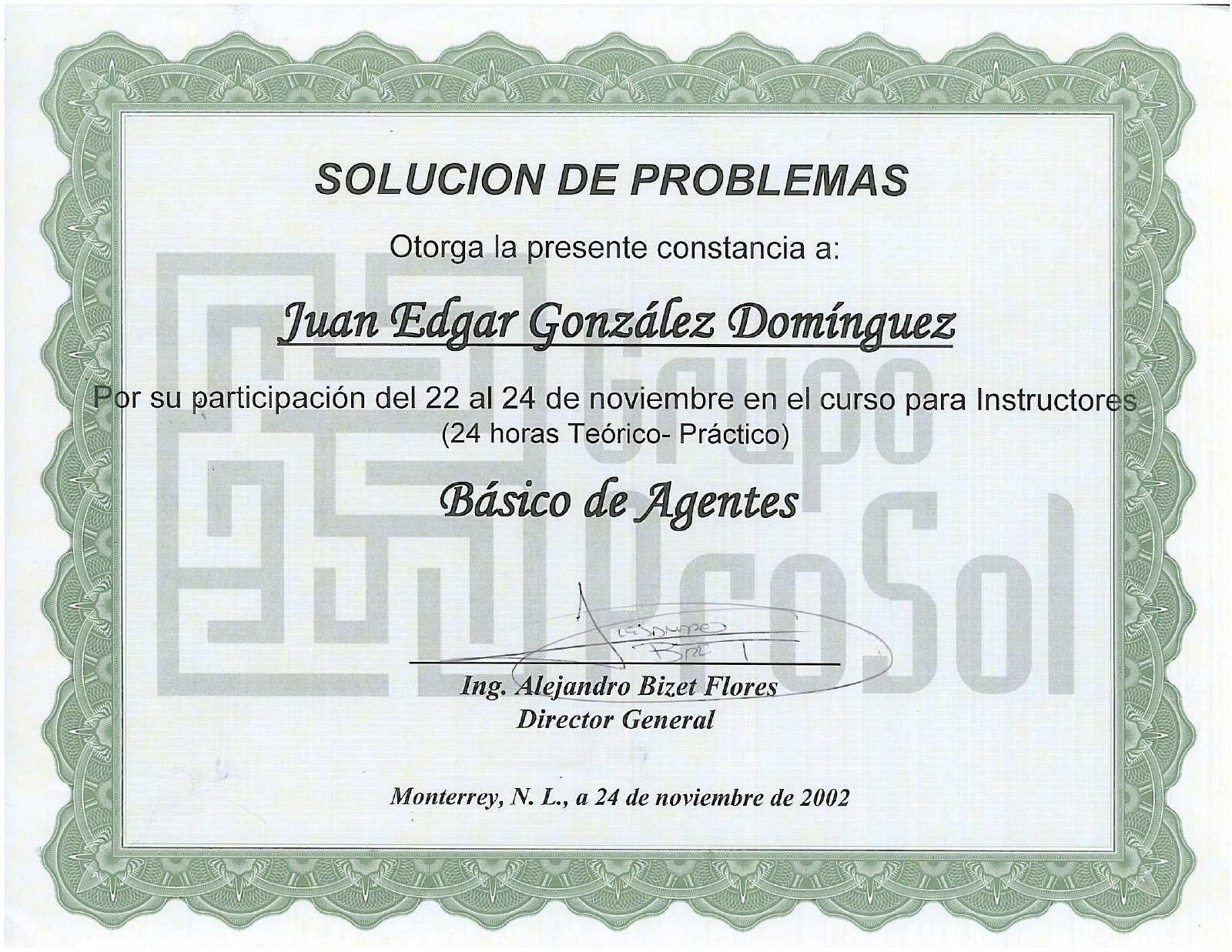 Primera página: Instructor del curso básico de agentes, 2002.