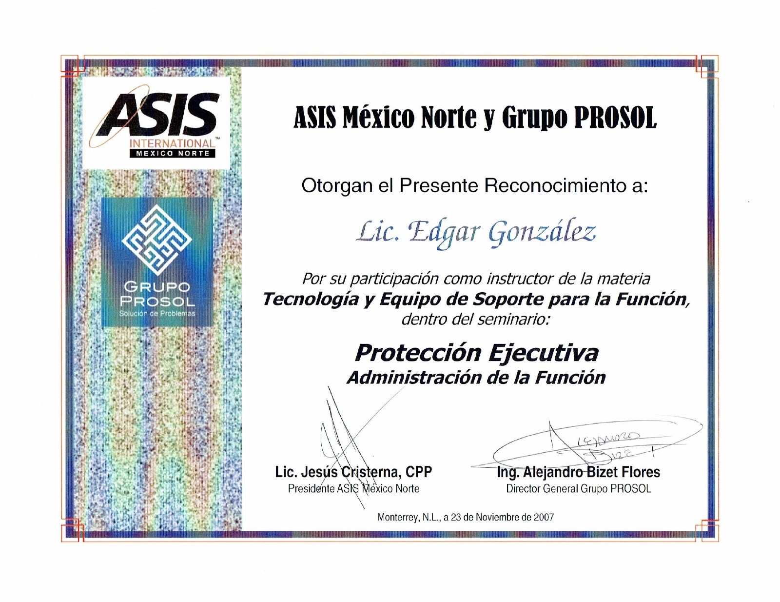 Primera página: Instructor: protección ejecutiva, 2007.