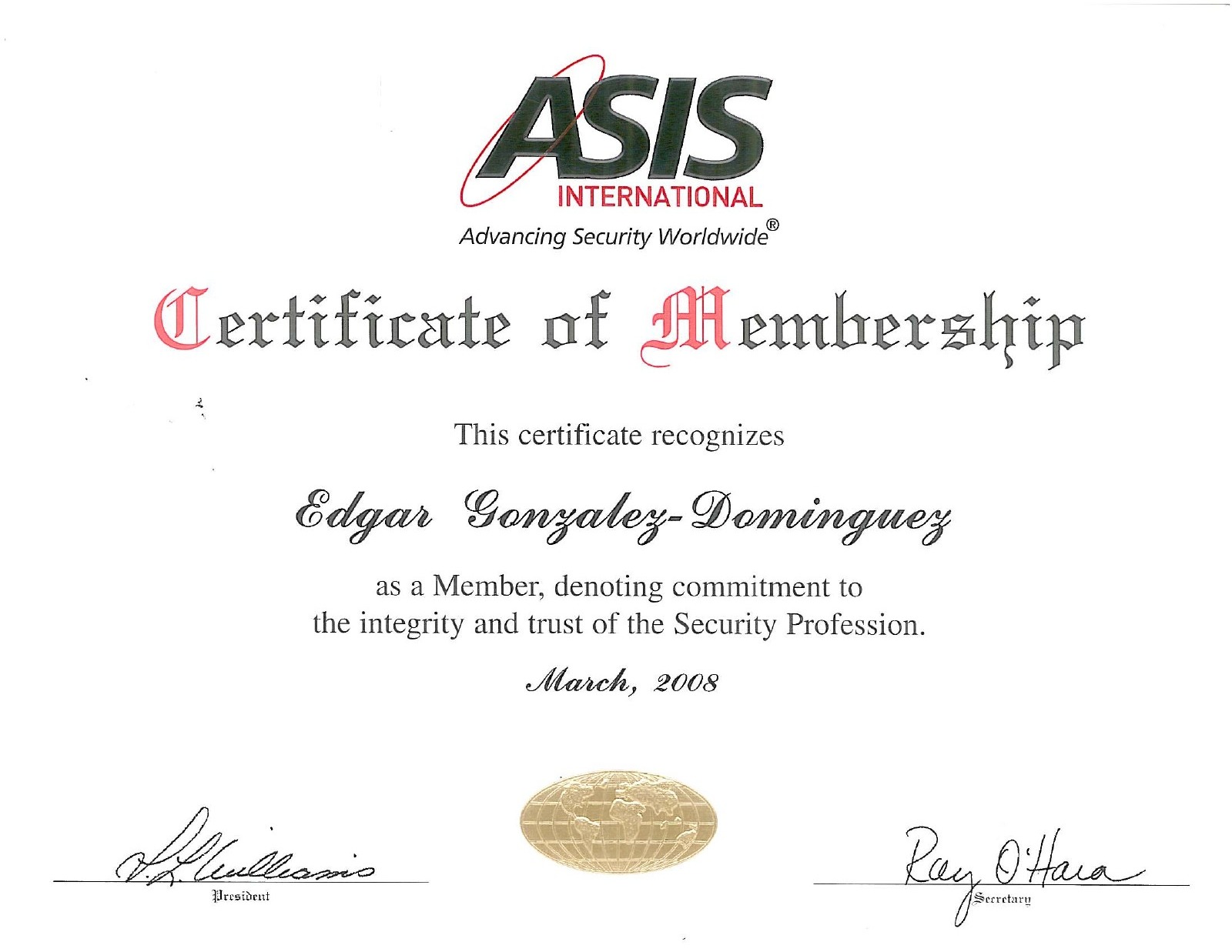 Primera página: Membresía ASIS, 2008.
